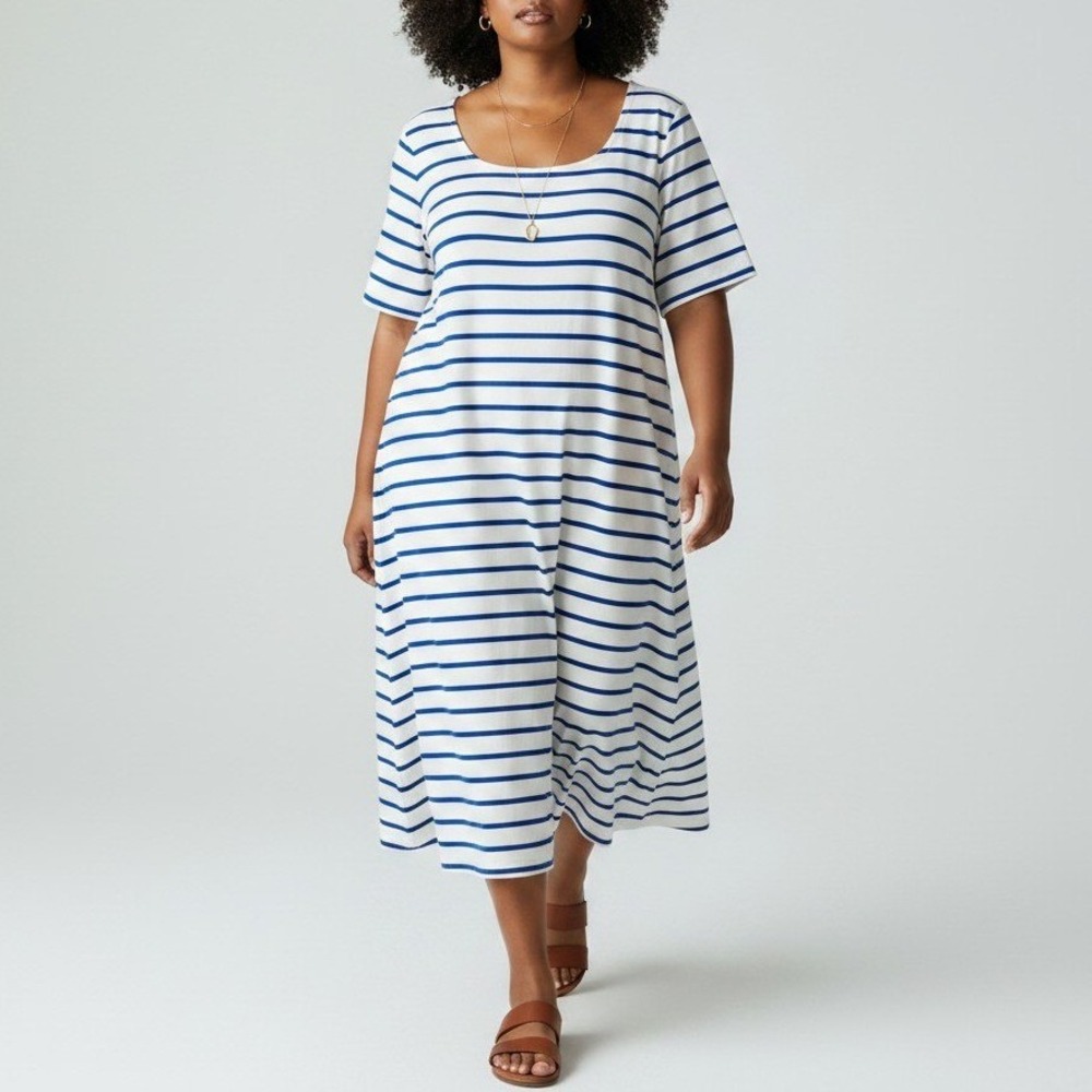 Lands' End 3X Striped Maxi Dress 100% Cotton Blue White Nautical Coastal Preppy